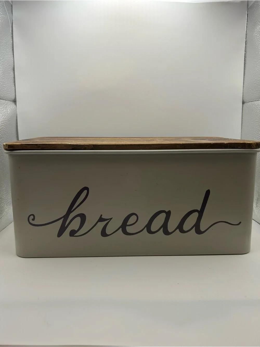 Rustic Cream Metal Bread Box with Wooden Lid Country Kitchen Storage